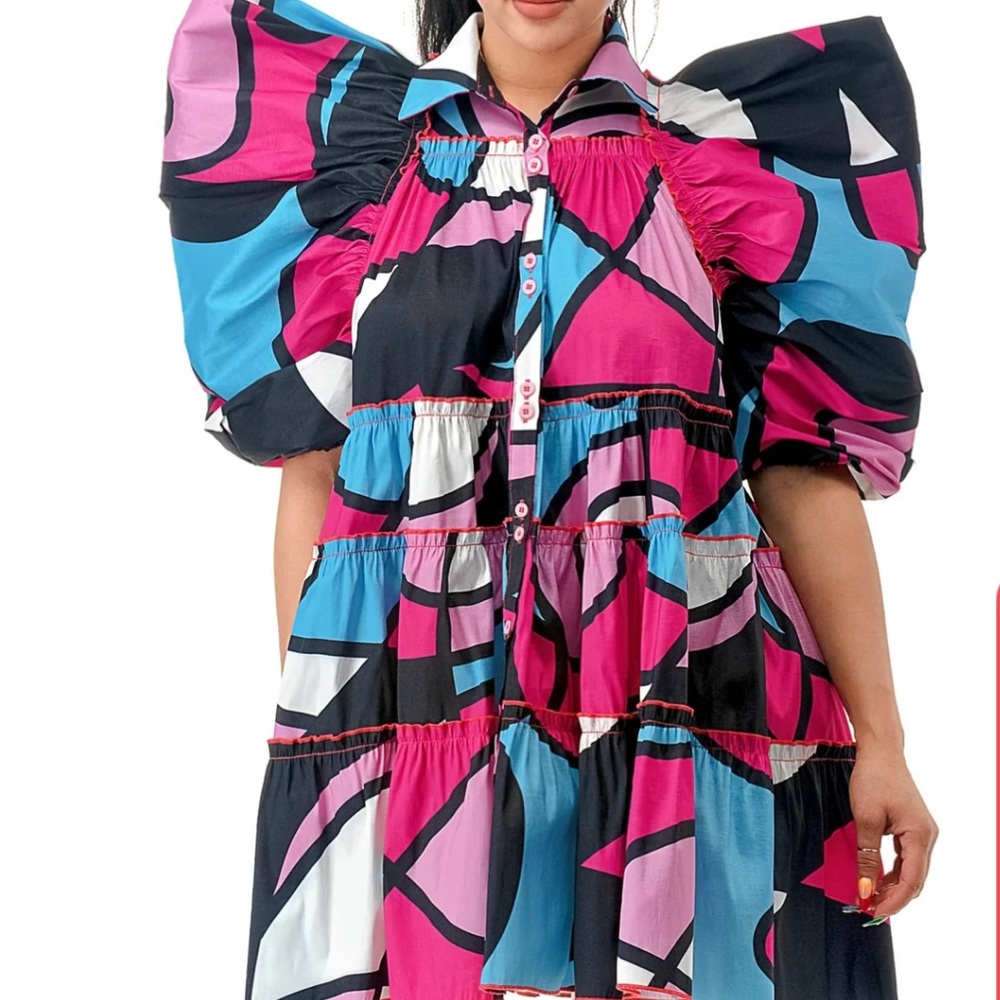 Highlight| Short Sleeve Balloon Flounced Hem Dress